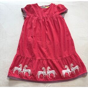 Mini Boden Unicorn Corduroy Dress Kids 11-12Y Pink Embroidered Tiered Hem